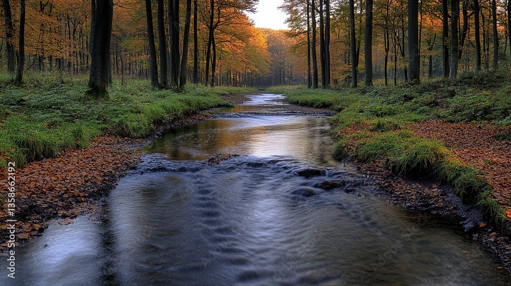 Fototapeta premium A tranquil river flows through a vibrant autumn colored forest scene