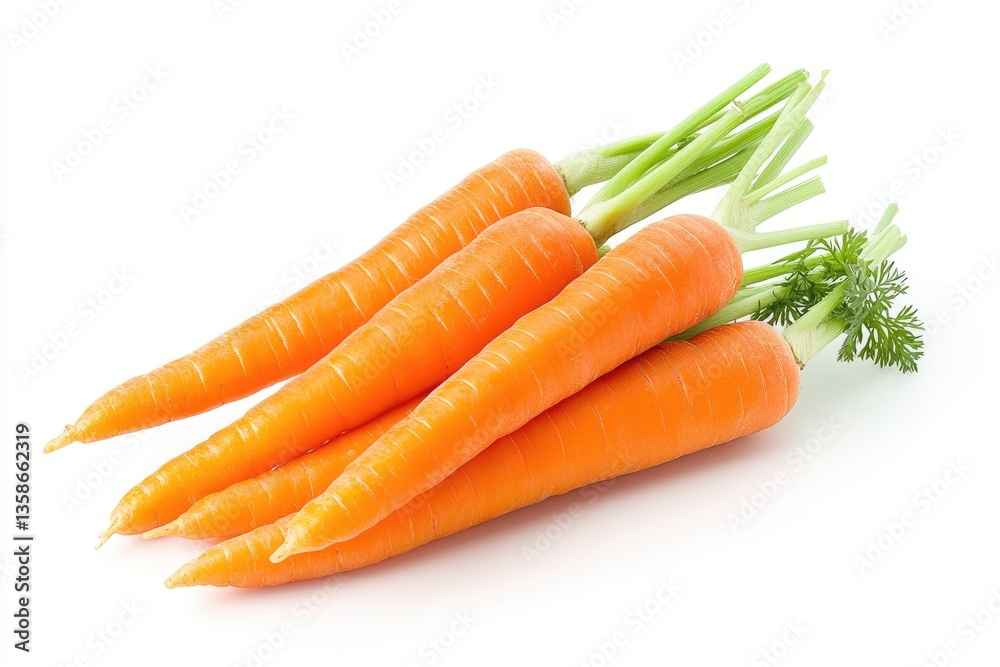 Fresh carrots, close-up, isolated on white background. Bundle of organic, vibrant orange carrots with green tops Fresh carrots, close-up, isolated on white background. Bundle of organic, vibrant orange carrots with green tops