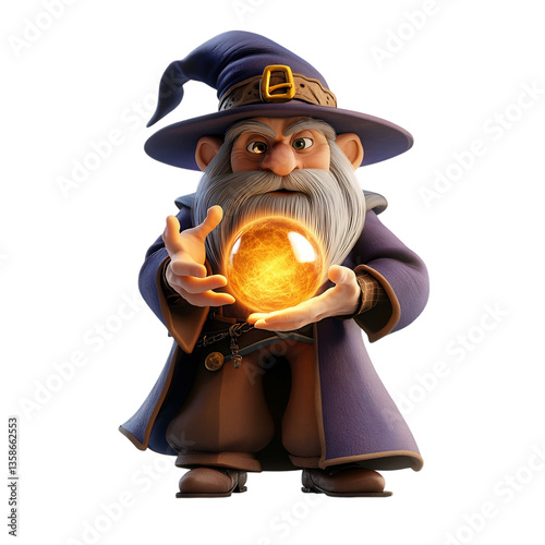 A 3D Cartoon Wizard Holding a Glowing Ball Isolated on Transparent Background
