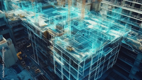 Fototapeta Naklejka Na Ścianę i Meble -  Construction site blueprint overlay. Aerial view