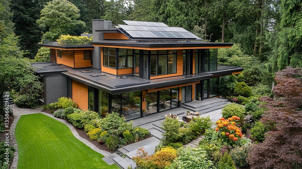 An energy-efficient home with clean lines, roof solar panels, and a vibrant garden, blending modern design with eco-friendly principles. An energy-efficient home with clean lines, roof solar panels, and a vibrant garden, blending modern design with eco-friendly principles.