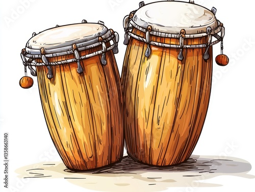 Hand-painted illustration of two rustic wooden conga drums with traditional design and vibrant colors on a simple background