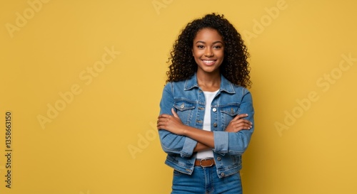 Confident woman in denim jacket.