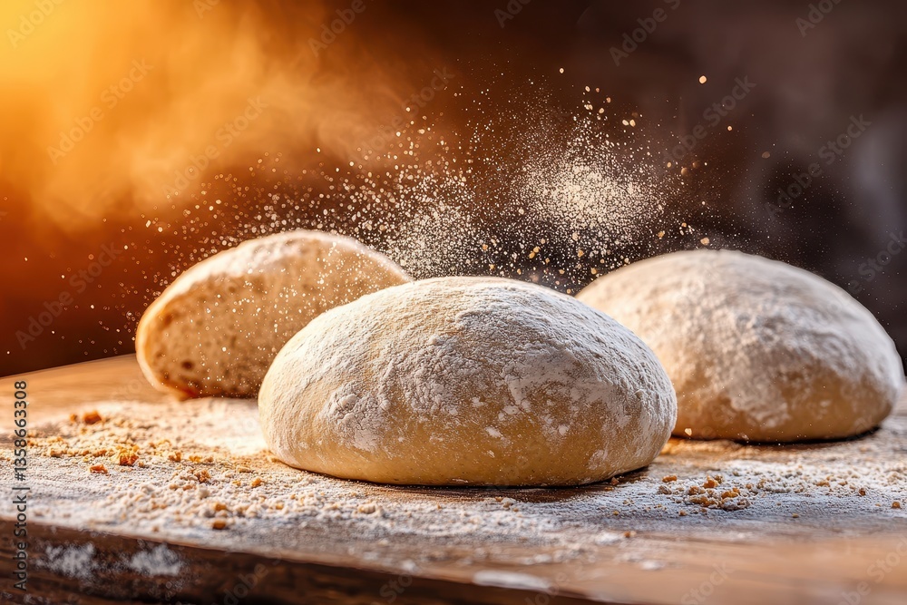 Freshly Prepared Dough on Wooden Surface with Flour Dust and Warm Backlight Freshly Prepared Dough on Wooden Surface with Flour Dust and Warm Backlight