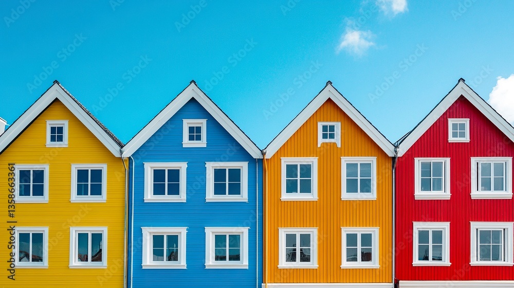 Four colorful houses in a perfect line, with striking red, yellow, blue, and orange facades, standing out vividly against a crisp, clear blue sky. Four colorful houses in a perfect line, with striking red, yellow, blue, and orange facades, standing out vividly against a crisp, clear blue sky.