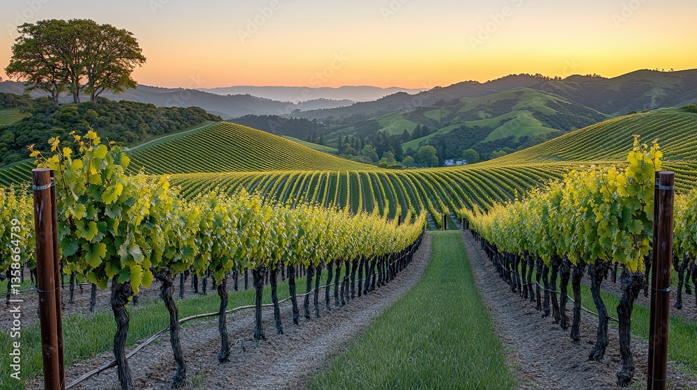 Fototapeta premium A scenic landscape of a vineyard during a beautiful sunset