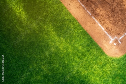 An overhead shot captures the detailed patterns of the dirt infield and the lush green outfield of a baseball diamond with copy space on the left side