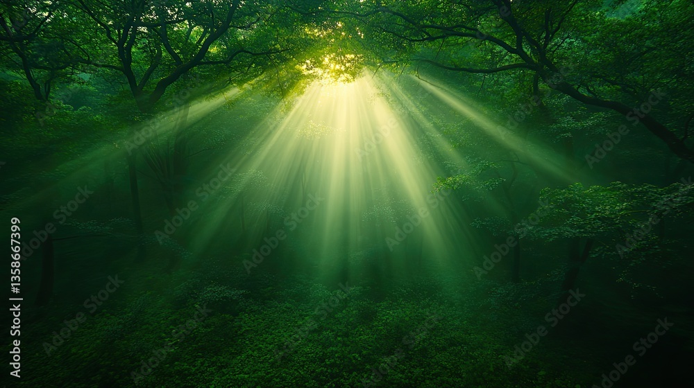 Fototapeta premium Sunlight Filters Through Lush Green Forest Creating Beautiful Illuminated Beams