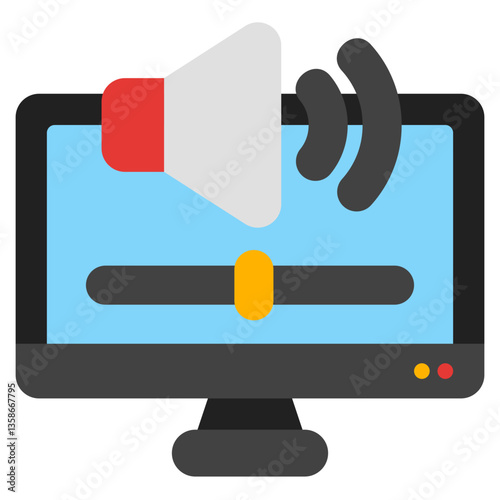 Computer monitor with a speaker and volume control, ideal for techrelated designs, website graphics, educational materials, and software concepts.