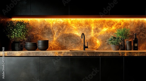 Modern kitchen countertop with backlit amber marble