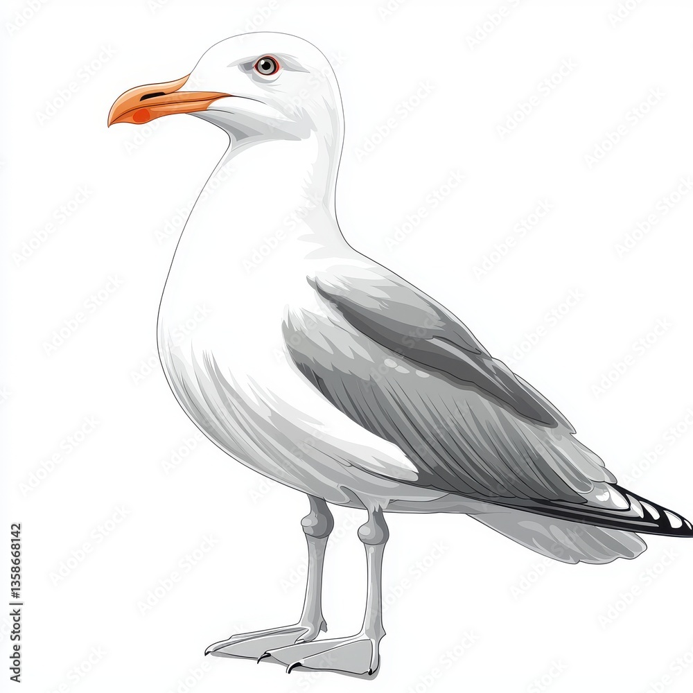 Fototapeta premium Close-Up of a Seagull Standing on the Ground with Ocean Background and Soft Natural Lighting