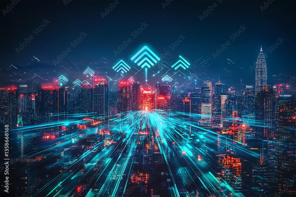 Fototapeta premium cityscape at night with digital arrows soaring upwards, illustrating business growth concept. Futuristic urban development and growing up economy.,