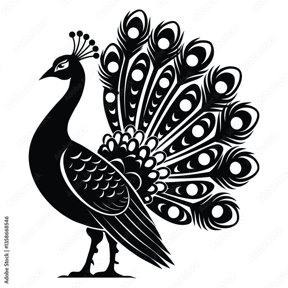Fototapeta premium Mascot Peacock Silhouette, Vector, Icon, Logo, White Background.