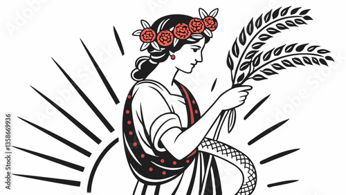 woman as fairytale goddess, holding a sheaf of wheat, crown of poppies, snake around body luxury, clean, smooth, elegant, beautiful, highly detailed, sharp focus, studio photography
