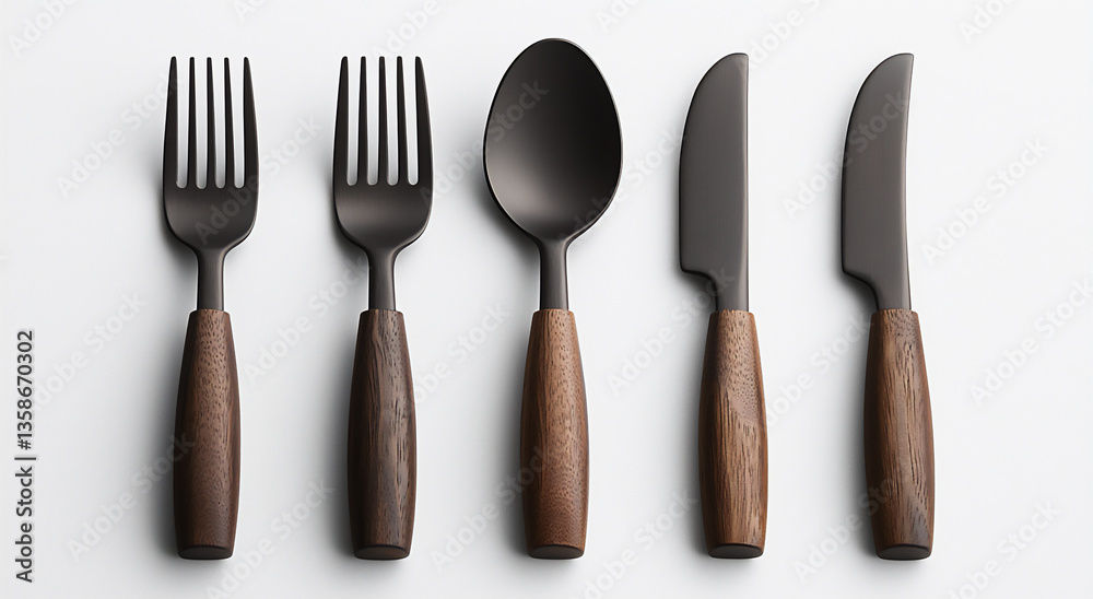 Fototapeta premium 3-piece cutlery set with brown wooden handles, on a white background, photographed from above with studio lighting, high resolution and high detail,