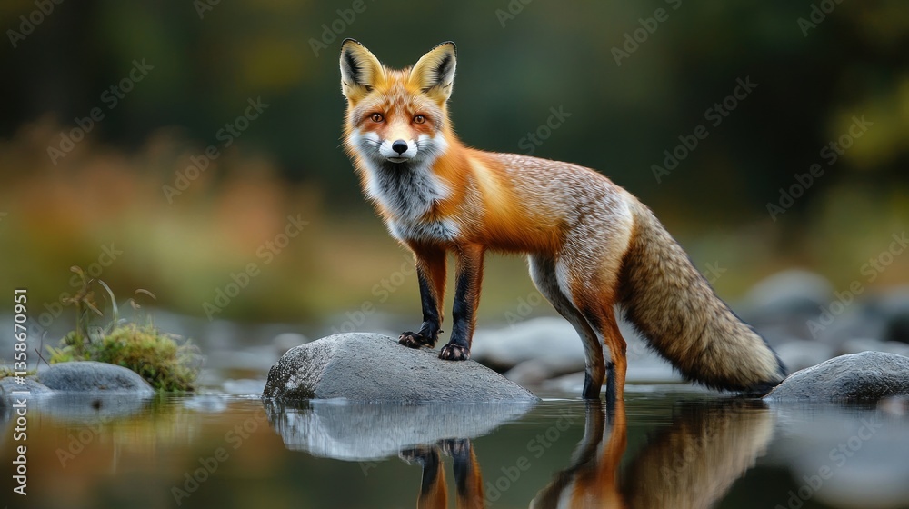 Fototapeta premium Red Fox Standing on Rocks by a Stream, Autumnal Forest Background