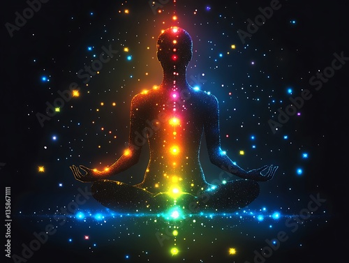 A meditating figure glows with colorful energy within a starry void