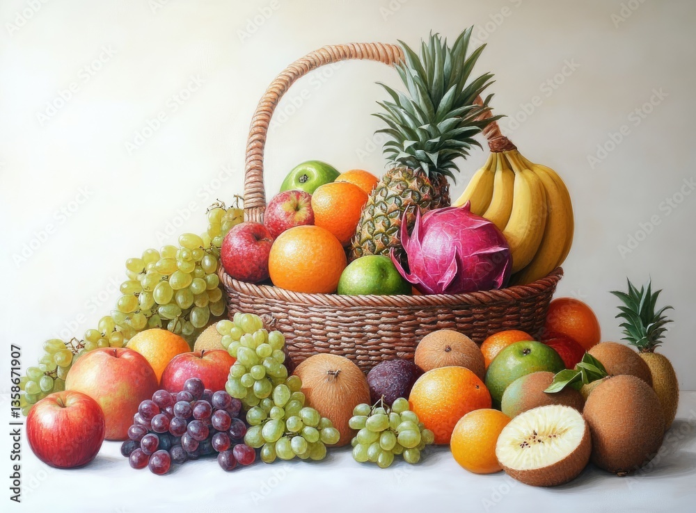 A vibrant still life of a basket overflowing with a variety of fruits A vibrant still life of a basket overflowing with a variety of fruits