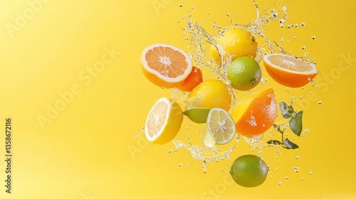 falling ripe citrus fruits, lemons, limes and oranges with water splashes and water drops Over yellow Studio Background.