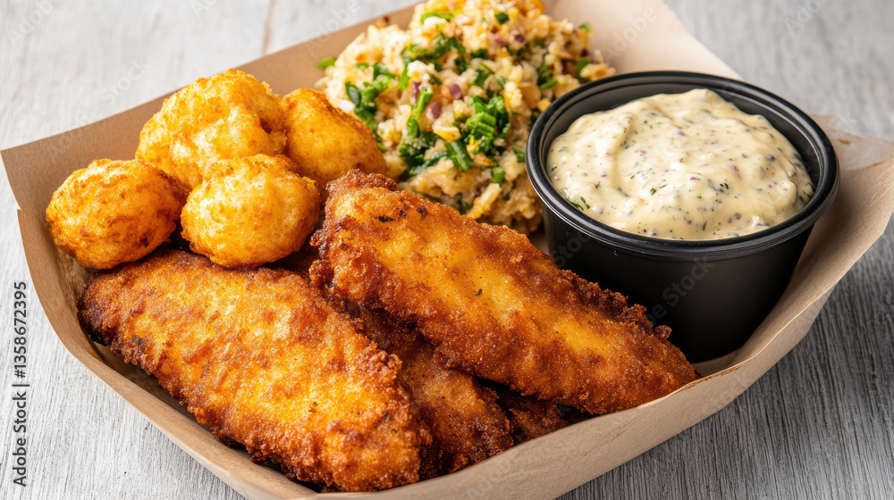 Crispy catfish fillets served with hush puppies and side of creamy sauce create delightful meal Crispy catfish fillets served with hush puppies and side of creamy sauce create delightful meal