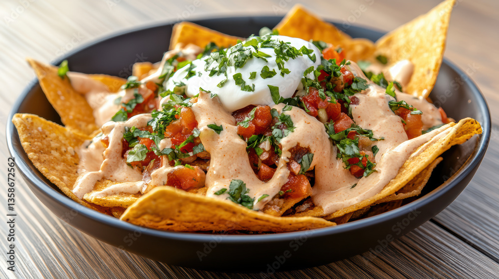 Crispy nachos topped with fresh salsa, creamy sauce, and herbs create delicious dish Crispy nachos topped with fresh salsa, creamy sauce, and herbs create delicious dish