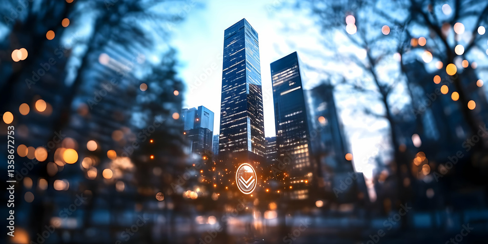 Obraz premium Cityscape at dusk, tall skyscrapers dominate the scene, bokeh effect from city lights and trees in the foreground. A subtle circular graphic is near the base of the buildings