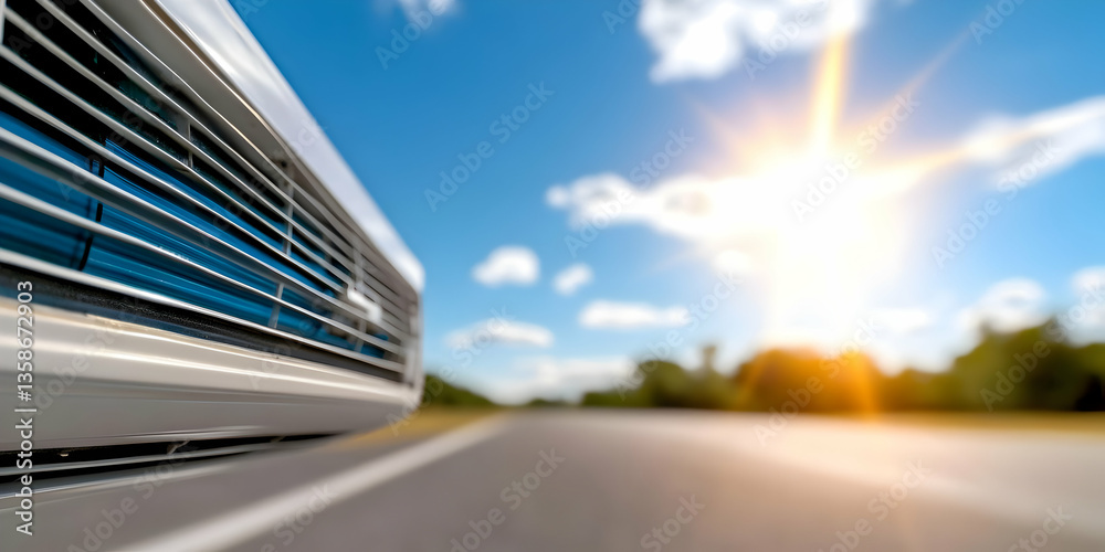 Close-up of a vehicle's front air intake, showcasing sleek design elements against a backdrop of a sunny road. The bright sunlight and blurred background create a sense of speed and movement Close-up of a vehicle's front air intake, showcasing sleek design elements against a backdrop of a sunny road. The bright sunlight and blurred background create a sense of speed and movement