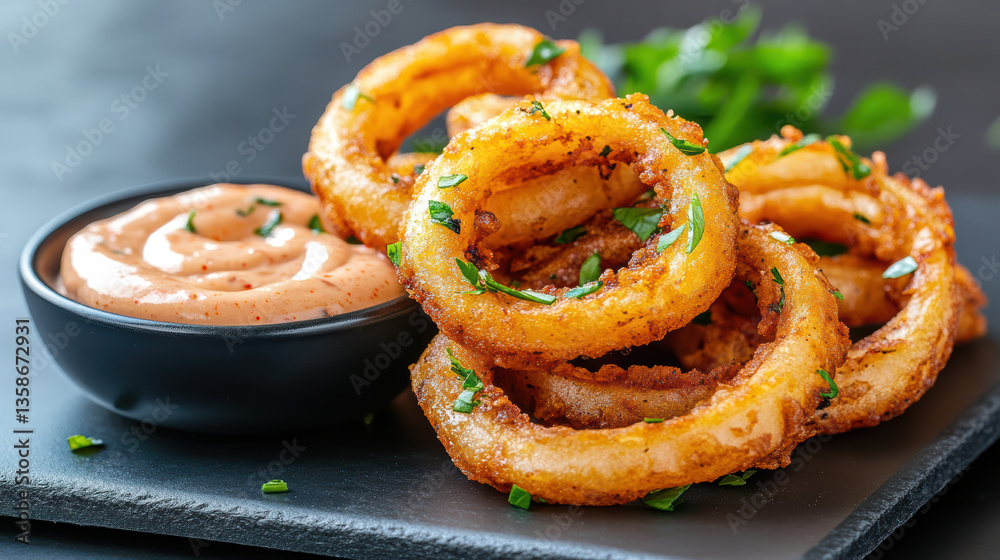 Crispy onion rings served with spicy dipping sauce, garnished with fresh herbs Crispy onion rings served with spicy dipping sauce, garnished with fresh herbs