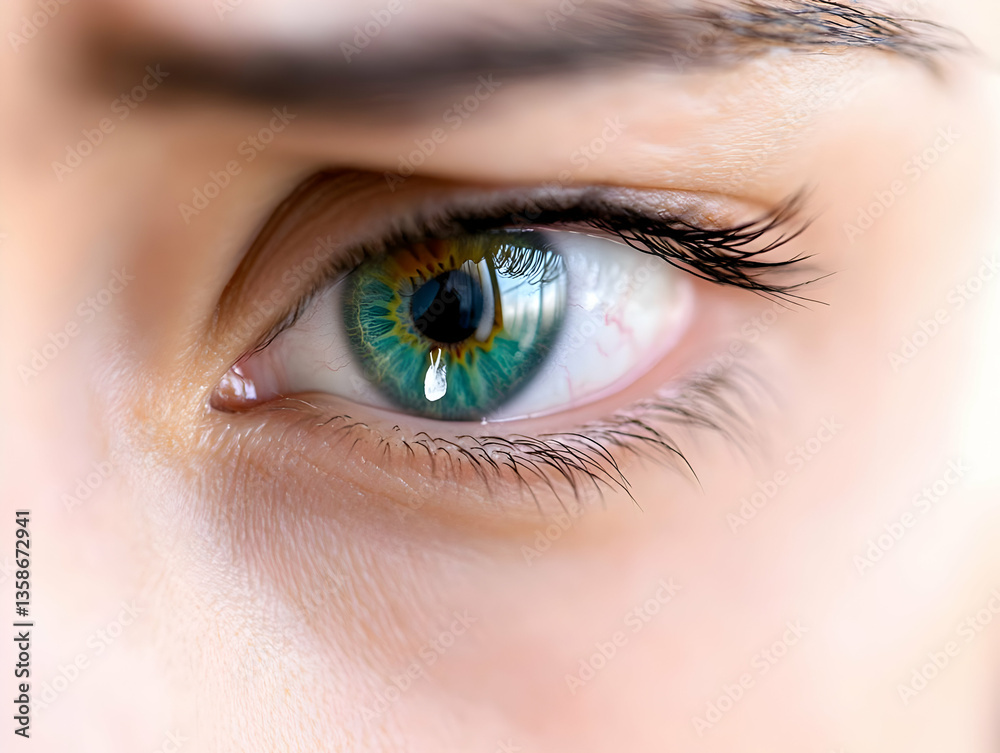 Obraz premium Close-up of a striking teal eye, showcasing intricate details of the iris, pupil, and eyelashes. The subtle skin texture around the eye adds depth