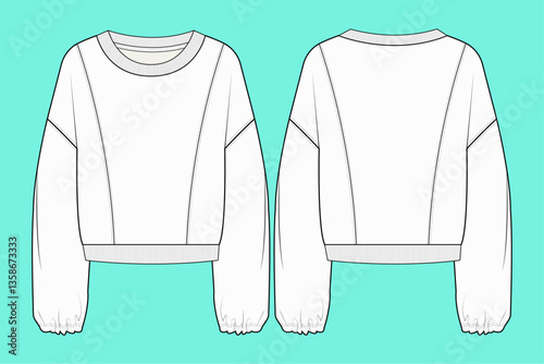  Crop drop shoulder sweatshirt flat sketch CAD mockup template.