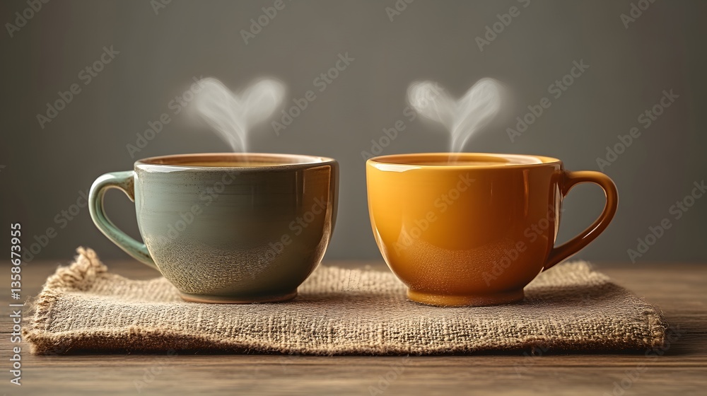 Obraz premium Heart-shaped steam from two coffee cups on burlap
