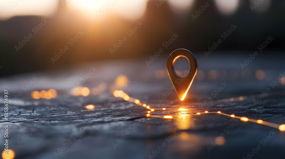 custom made wallpaper toronto digitalGlowing path converging on a metallic location marker at sunset.  Illuminated lines lead to a central point, symbolizing destination or journey's end