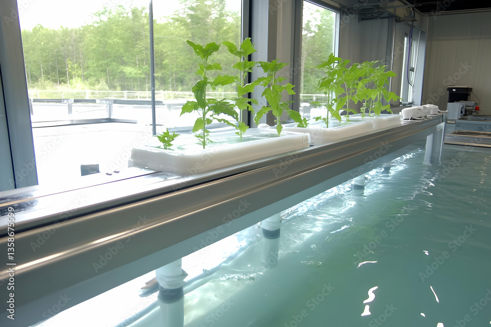 Fototapeta premium Hydroponic system showcasing plants thriving in a nutrient-rich water solution, positioned above a water basin, near a window with outdoor greenery visible