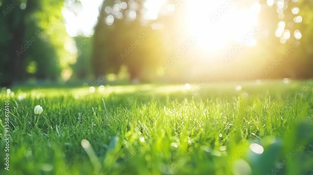 Fototapeta premium Lush green grass bathed in warm sunlight, creating a tranquil and serene outdoor scene. The focus is on the blades of grass in the foreground, with a softly blurred background of trees and sunlight