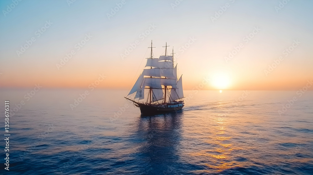 Majestic sailing ship glides across calm ocean waters at sunset, golden light reflecting on the waves. A serene and picturesque scene Majestic sailing ship glides across calm ocean waters at sunset, golden light reflecting on the waves. A serene and picturesque scene