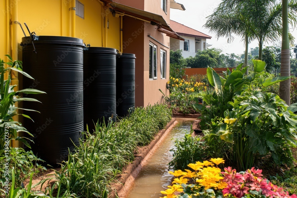 Naklejka premium Black water tanks stand near the house, a ditch with water flows by. Showing water conservation and usage to save our precious water.