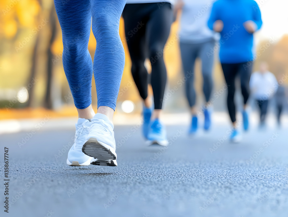 Fototapeta premium Runners' legs and feet in motion on a paved path, autumn leaves visible in the background. Focus on the foreground runner's shoes. Group running outdoors