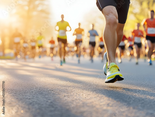 Runners compete in a vibrant marathon, legs and shoes in sharp focus against a blurred backdrop of fellow athletes and a sun-drenched road.  The energy and motion of the race are palpable photo