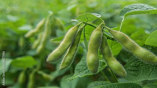 Young green pods of varietal soybeans on a plant stem 