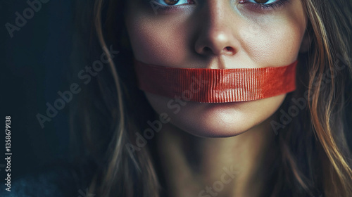 woman's mouth covered by a strip of duct tape, symbolizing silence, restriction, and the inability to speak in a modern world filled with communication barriers and struggles