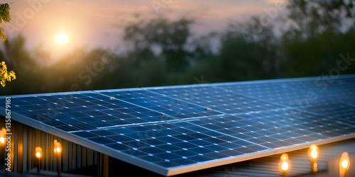 Solar panel at sunset.  Clean energy solution with warm lighting enhancing the idyllic scene