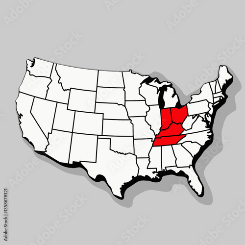 United States map highlighting central region in bold red. Geography education concept