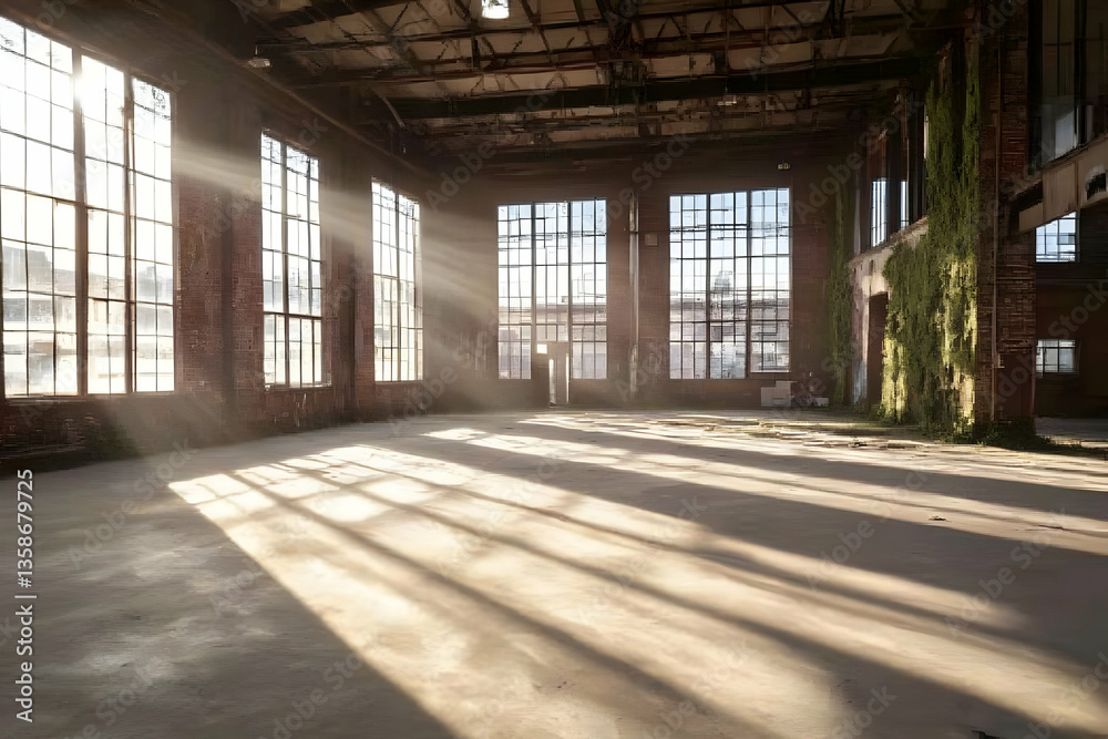 Sunbeams stream through large windows of a derelict industrial building, illuminating dust motes dancing in the air within the vast, empty space. Overgrown plants cling to the brick walls Sunbeams stream through large windows of a derelict industrial building, illuminating dust motes dancing in the air within the vast, empty space. Overgrown plants cling to the brick walls