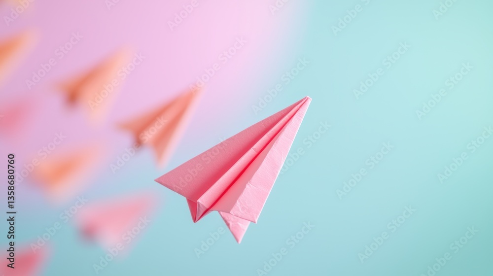 Fototapeta premium Teamwork Paper Airplane in Formation Paper airplanes flying towards a target, representing shared vision and purpose