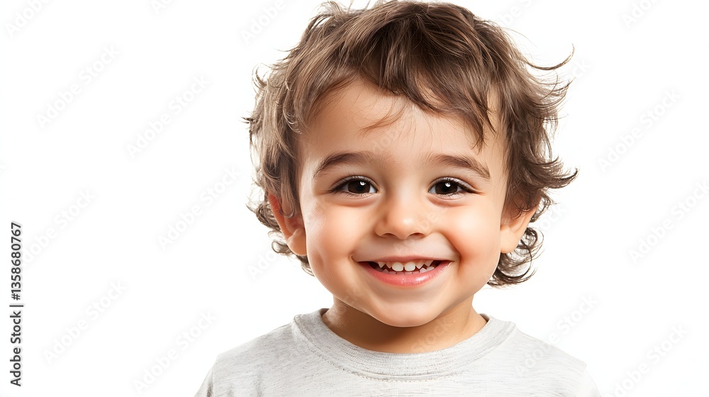 Cheerful Boy with Curly Hair Smiling Brightly Against a White Background Cheerful Boy with Curly Hair Smiling Brightly Against a White Background