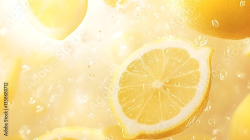 Lemon slices against a soft background  long title Vibrant slices of fresh lemon floating in water against a soft blurred background creating a