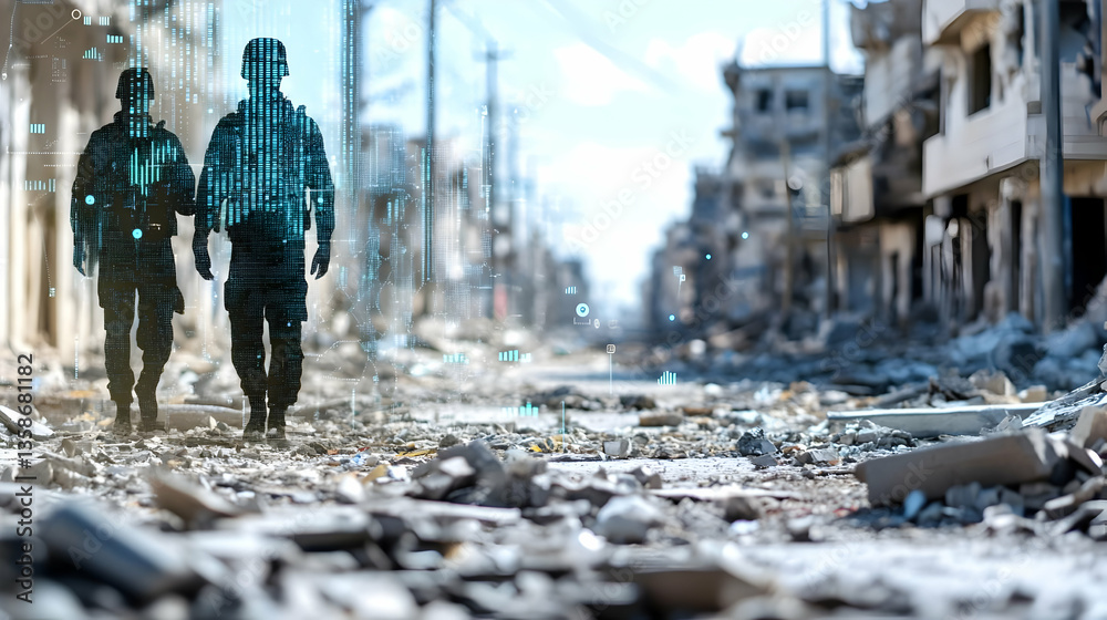 Obraz premium Two soldiers walk through a war-torn city street, their figures overlaid with digital data, symbolizing the integration of technology in modern warfare and its impact on conflict zones