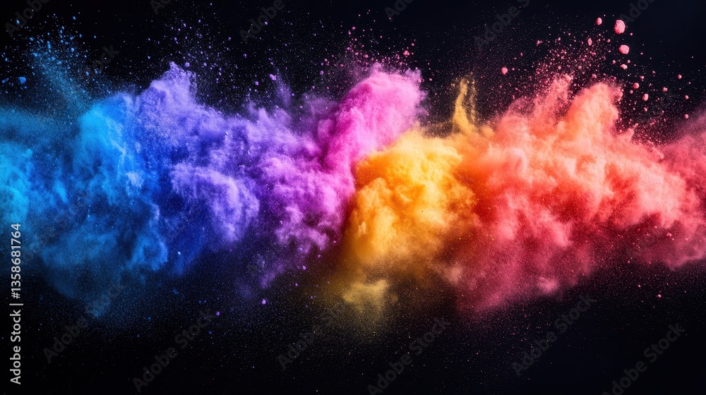Obraz premium Colorful powder explosion on dark background, vibrant and bright. Perfect for backgrounds, Holi, and creative design projects now.