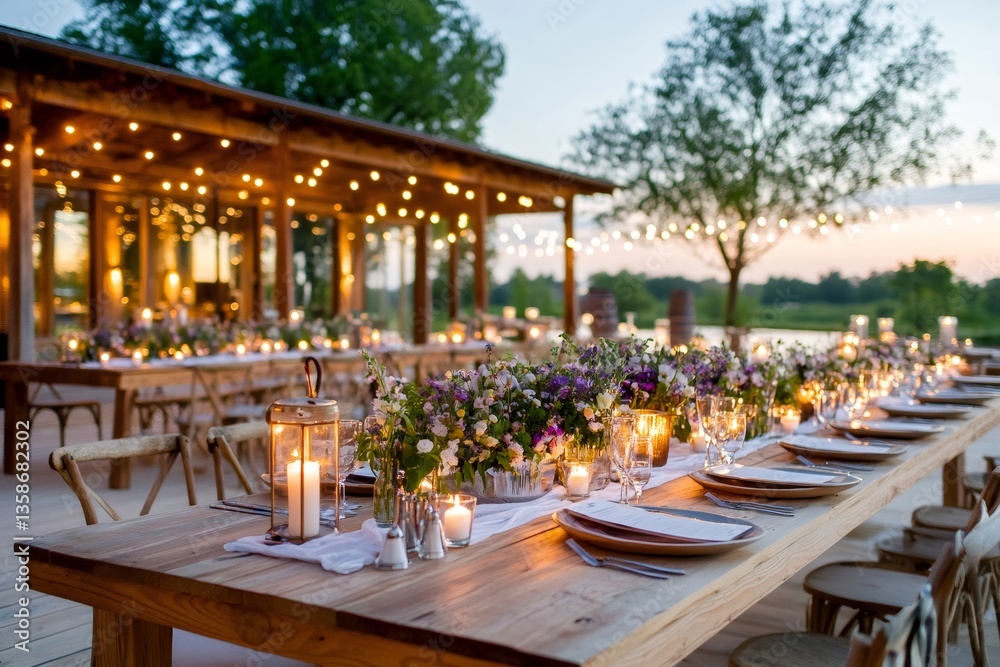 Obraz premium Outdoor wedding reception venue with long wooden tables, string lights and floral arrangements glowing at sunset