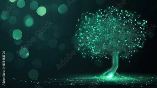 Innovation Tree Growing from Circuit Abstract tree made of glowing green digital circuits, symbolizing the future of green tech